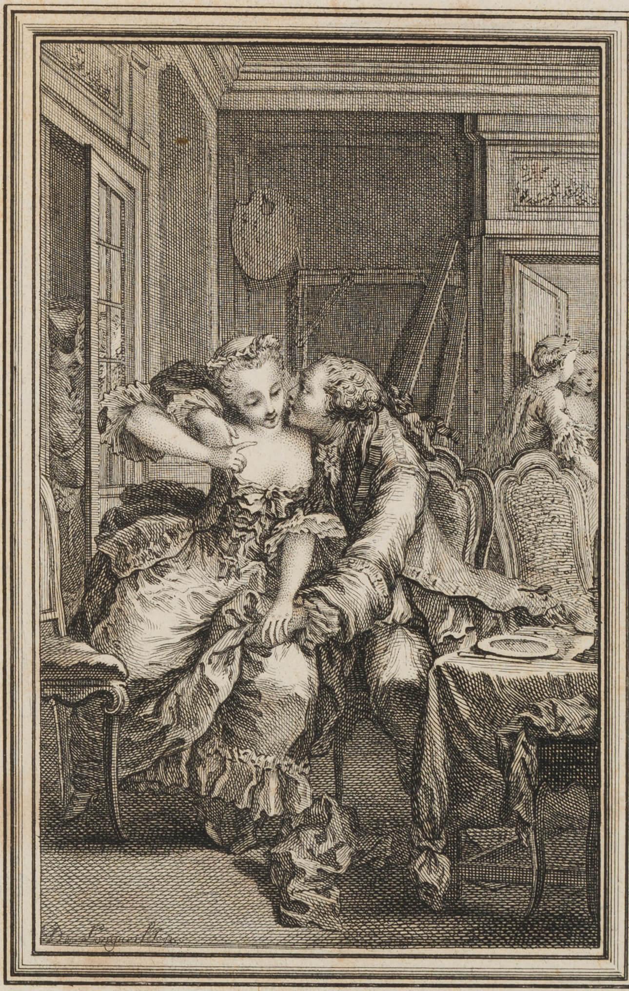 J. LONGUEIL (1730-1792), Lady with pushy lover, Etching: Joseph de Longueil (1730 Givet (Ardennes) - 1792 Paris): French book illustration with elegant lady and pushy lover, 18th century, Etching Technique: Etching on Paper Inscription: Signed in the lower