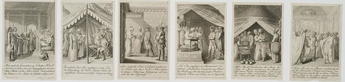 D. BERGER (*1744) after CHODOWIECKI (*1726), History of East India, 7-12, 1785, Etching: Daniel Berger (1744 Berlin - 1824 ibid.) after Daniel Nikolaus Chodowiecki (1726 Gdansk - 1801 Berlin): 6 graphics Illustration series on the history of East India, 1785, Etching Technique: Etching on