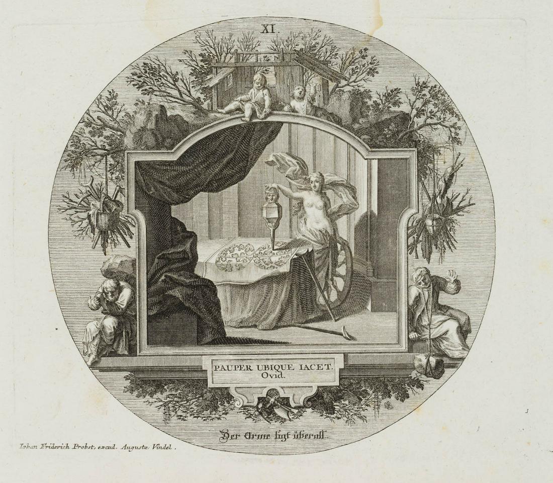 J. PROBST (1673-1750), Emblem, The poor lie everywhere, around 1750, Copper engraving: Johann Balthasar Probst (1673 Augsburg - 1750 ibid.): Emblem, "The poor lie everywhere", after Ovid, Baroque devotional literature, c. 1750, Copper engraving Technique: Copper engraving on Paper Inscr