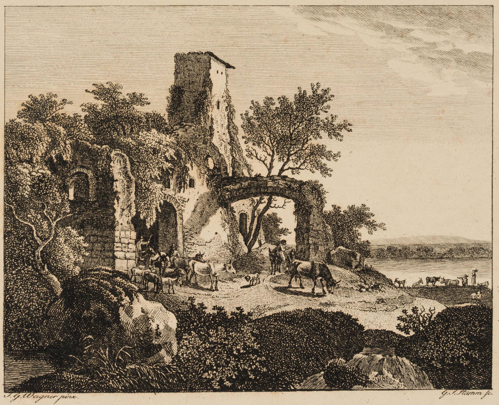 J. STAMM (*1767) after WAGNER (*1744), Cattle herders at romantic ruin, around 1800, Etching: Johann Gottlob Samuel Stamm (1767 Meissen - 1814 Dresden) after Johann Georg Wagner (1744 Meissen - 1767 ibid.): Cattle herders at romantic ruin, c. 1800, Etching Technique: Etching on Paper Inscripti