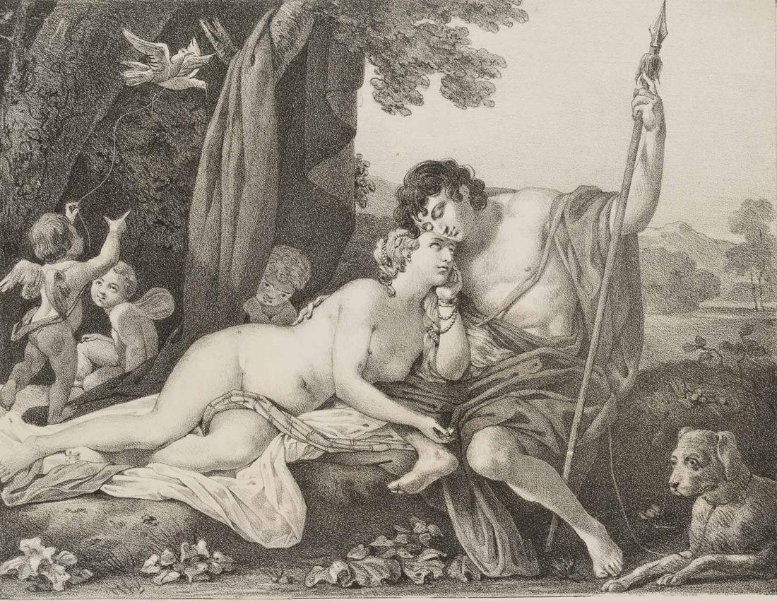 A. HESSE (*1795) after WEST (*1738), Adonis' Farewell to Venus, Lithography: August Hesse (1795 Paris - 1868 ibid.) after Benjamin West (1738 Springfield - 1820 London): Adonis' Farewell to Venus, 19th century, Lithography Technique: Lithography on Paper Inscription: Signed an