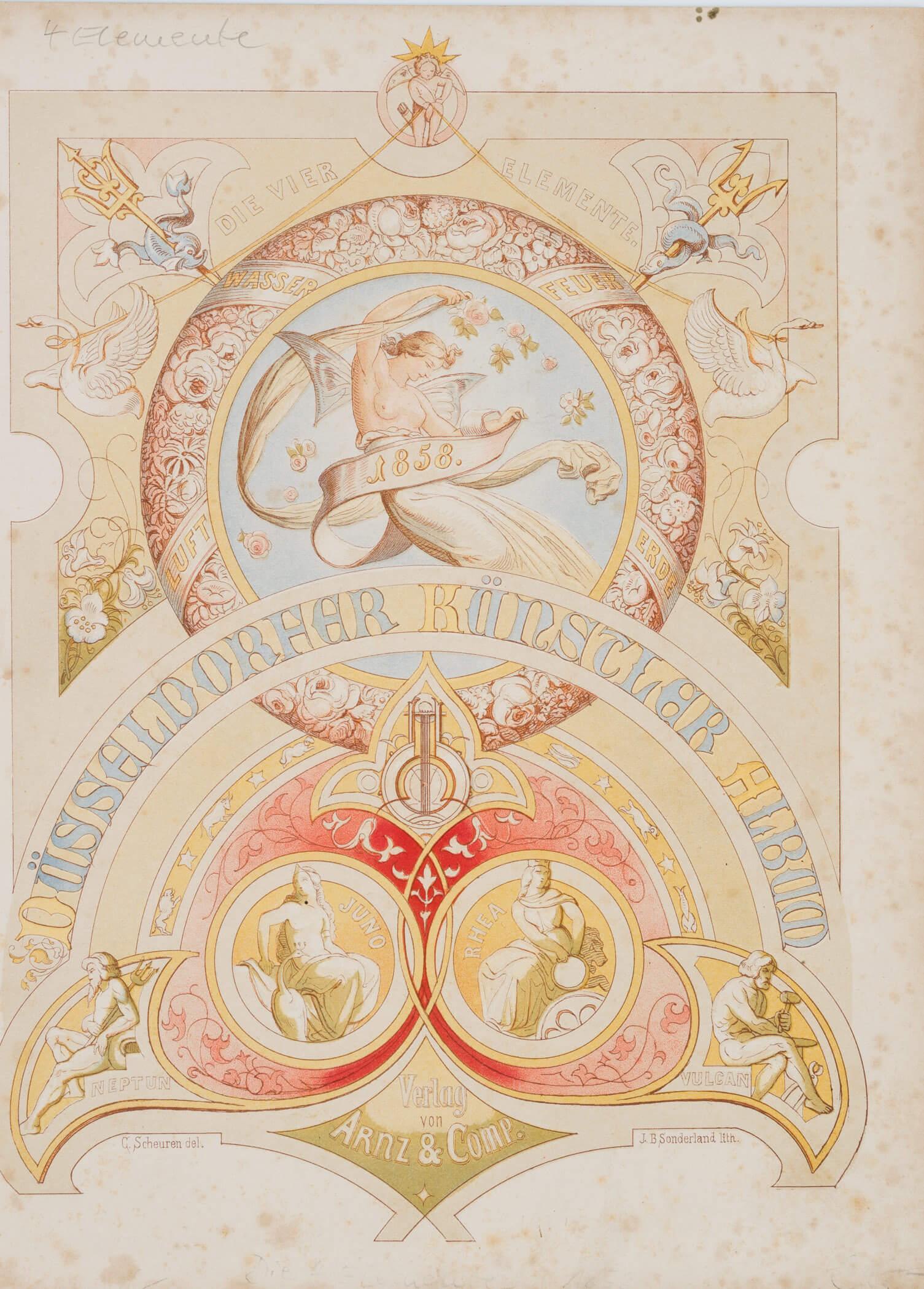 J. SONDERLAND (*1805) after SCHEUREN (*1810), Düsseldorf Artist Album, 1858, Colour: Johann Baptist Sonderland (1805 Düsseldorf - 1878 ibid.) after Caspar Johann Nepomuk Scheuren (1810 Aachen - 1887 Düsseldorf): Title page Düsseldorf Artists' Album, 1858, Co