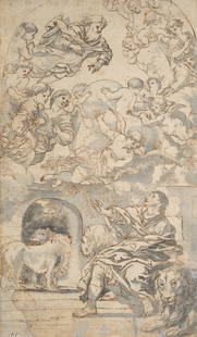 B. ALTOMONTE (*1694) after CORTONA (*1597), Daniel in the lion's den, Pen drawing: Bartolomeo Altomonte (1694 - 1783 ibid.) after Pietro da Cortona (before 1597 Cortona - 1669 Rom): Daniel in the lion's den with appearance of God the Father with angels, 18th century, Pen