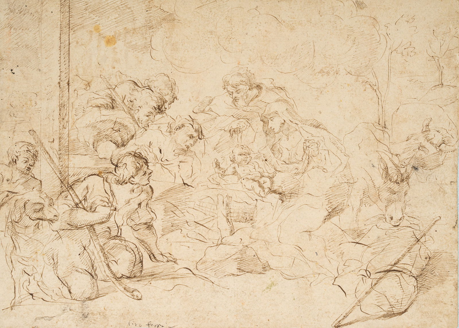 C. FERRI (1633-1689) Circle, Adoration of the shepherds, Pen drawing: Ciro Ferri (1633 Rom - 1689 ibid.) Circle: Adoration of the shepherds with the Christ Child in the stable in Bethlehem, 17th century, Pen drawing Technique: Pen drawing on Paper, mounted on Paper (blu
