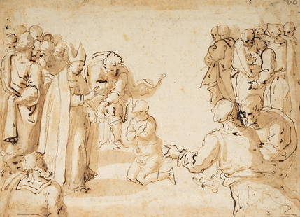 B. INDIA (1528-1590) Successor, Absolution, Pen drawing: Bernardino India (around 1528 Verona - 1590 ibid.) Follower: Absolution Kneeling before a bishop receives absolution, 16th century, Pen drawing Technique: Washed Pen drawing on Paper Inscription: Lowe