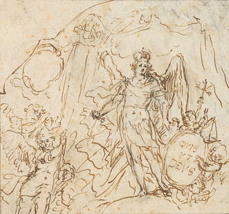 M. SCHMIDT (1718-1801), Archangel Michael, Pen drawing: Martin Johann Schmidt (1718 - 1801 ibid.): Archangel Michael with the motto "Quis ut Deus", 18th century, Pen drawing Technique: Pen drawing on Paper Stamp: Verso Collector's stamp, Lugt no.: 1012. Fr