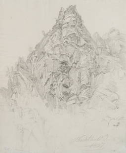 F. BELLERMANN (*1814), Ilsenstein in the Harz Mountains, 1837, Pencil: Ferdinand Konrad Bellermann (1814 Erfurt - 1889 Berlin): Ilsenstein in the Harz Mountains Steep cliff with jagged edges, 1837, PencilTechnique: Pencil on Paper, mounted on Paper (blue)Inscription: