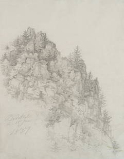 F. BELLERMANN (*1814), Ilsenstein in the Harz Mountains, 1837, Pencil: Ferdinand Konrad Bellermann (1814 Erfurt - 1889 Berlin): Ilsenstein in the Harz Mountains Steep cliff with jagged edges and conifers, 1837, PencilTechnique: Pencil on Paper, mounted on Paper