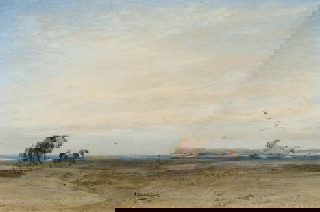 E. HILDEBRANDT (*1817), Wide landscape, probably Ceylon, Watercolor: Eduard Hildebrandt (1817 Gdansk - 1868 Berlin): Wide landscape, probably Ceylon / Sri Lanka in the Indian Ocean, 19th century, Watercolor Technique: Watercolor on Paper Stamp: Lower left Estate stamp,