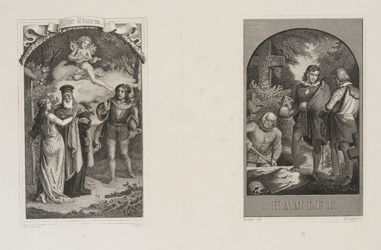 H. SAGERT (*1822) after RICHTER (*1803), zu Shakespeare Bd. 5/6, Bogen, 1850, Steel engraving: Hermann Sagert (1822 Berlin - 1889 Friedenau) after Ludwig Richter (1803 Dresden - 1884 ibid.): Cover illustrations for Shakespeare's plays, The Tempest and Hamlet, vol 5/6, sheet, 1850, Steel engravi