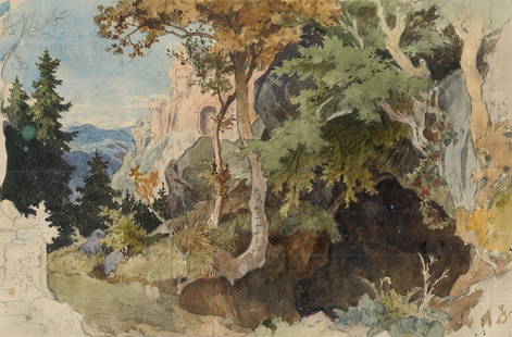 R. SCHUSTER (1848-1902), Near a Gothic hilltop castle, around 1870, Watercolor: Rudolf Schuster (1848 Markneukirchen - 1902 ibid.): Impressions of nature near a Gothic hilltop castle, c. 1870, WatercolorTechnique: Watercolor over Pencil on PaperDate: c. 1870Description: Wildly