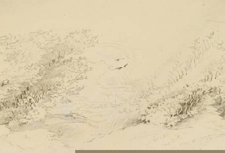 A. VENUS (1842-1871), Grove with rainbow, around 1866, Pencil: Albert Venus (1842 Dresden - 1871 ibid.): Grove with rainbow, c. 1866, Pencil Technique: Pencil on Transparent paper, mounted on Paper Date: c. 1866 Description: Delicate nature study at a grove in a
