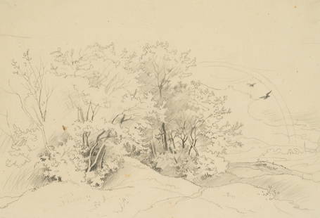 A. VENUS (1842-1871), Grove with rainbow, around 1866, Pencil: Albert Venus (1842 Dresden - 1871 ibid.): Grove with rainbow, c. 1866, Pencil Technique: Pencil on Transparent paper, mounted on Paper Date: c. 1866 Description: Delicate nature study at a grove in a