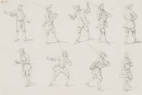 G. RUGENDAS (1666-1742), Nine soldier studies, around 1700, Pencil: Georg Philipp Rugendas (1666 Augsburg - 1742 ibid.): Nine soldier studies, c. 1700, PencilTechnique: Pencil on PaperWatermark: Partially visible. Undeterminable watermark Date:Inscription: Upper