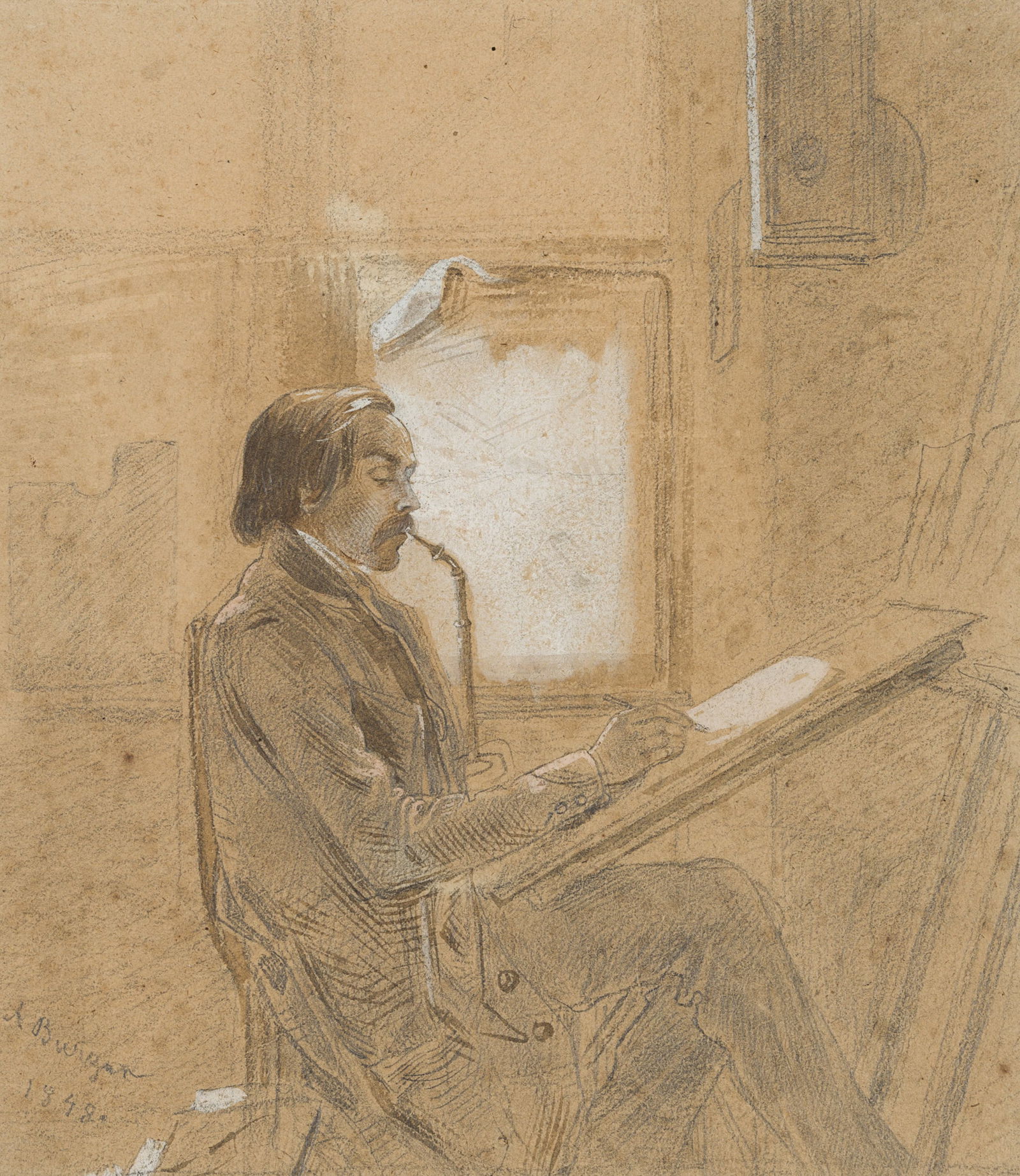 A. BURGER (1824-1905), Paul Weber in the studio, 1848, Pencil: Anton Burger (1824 Frankfurt on the Main - 1905 Kronberg in the Taunus): Portrait of the engraver Paul Weber in the studio, 1848, Pencil Technique: White heightened Pencil and Brush drawing on Paper I