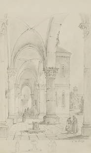 F. KLOSS (1804-1863), Monastery church in Italy, Pencil: Friedrich Wilhelm Kloß (1804 Berlin - 1863 ibid.): Monastery church in Italy with beautiful Gothic porch, narthex, 19th century, Pencil Technique: Washed Pencil on Paper Inscription: Lower right