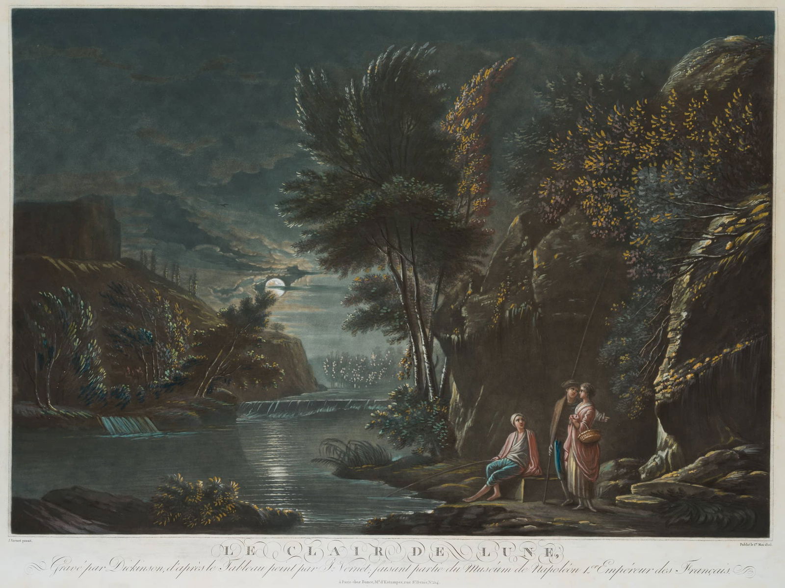 W. DICKINSON (*1746) after VERNET (*1714), Fishermen by moonlight, 1806, Mezzotint: William Dickinson (1746 London - 1823 Paris) after Claude Joseph Vernet (1714 Avignon - 1789 Paris): Fishermen by moonlight, 1806, Mezzotint Technique: Hand colored Mezzotint on Paper Inscription: At