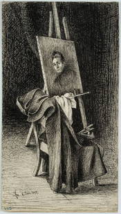 L. PRIMAVESI (*1871), Easel with drapery, 1892, Pen drawing: Leo Primavesi (1871 Cologne - after 1937 ): Easel with drapery, 1892, Pen drawing Technique: Pen drawing on Paper Inscription: lower left signed: "Leo". lower left numbered: "235". lower left dated: "