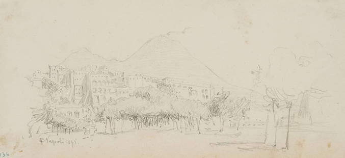 L. PRIMAVESI (*1871), Naples with a view of Vesuvius, 1895, Pencil: Leo Primavesi (1871 Cologne - after 1937 ): Naples with a view of Vesuvius, 1895, Pencil Technique: Pencil on Paper Inscription: lower left monogrammed: "LP". lower left dated: "Napoli 1895.". Date: