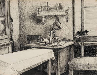 L. PRIMAVESI (*1871), Interior with coffee pot, 1892, Pen drawing: Leo Primavesi (1871 Cologne - after 1937 ): Interior with coffee pot, 1892, Pen drawing Technique: Pen drawing on Paper Inscription: lower left signed: "Leo". lower left dated: "5. Jan. 1892". Date: