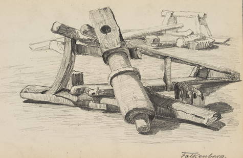 G. FALKENBERG (*1850), Still Life with Broken Winch, around 1914, Pencil: Georg Richard Falkenberg (1850 Berlin - 1935 ibid.): Still Life with Broken Winch and Pieces of Wood, c. 1914, Pencil Technique: Pencil on Paper, mounted on Cardboard Inscription: Lower right signed: