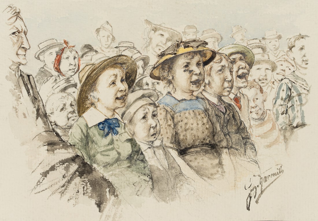 H. HAVENITH (*1853), Im Theater, around 1914, Pencil: Hugo Havenith (born 1853 London): In the theatre Happy children as the audience of a play, c. 1914, Pencil Technique: Watercolored Pencil on Paper, mounted on Cardboard Inscription: Lower right signed