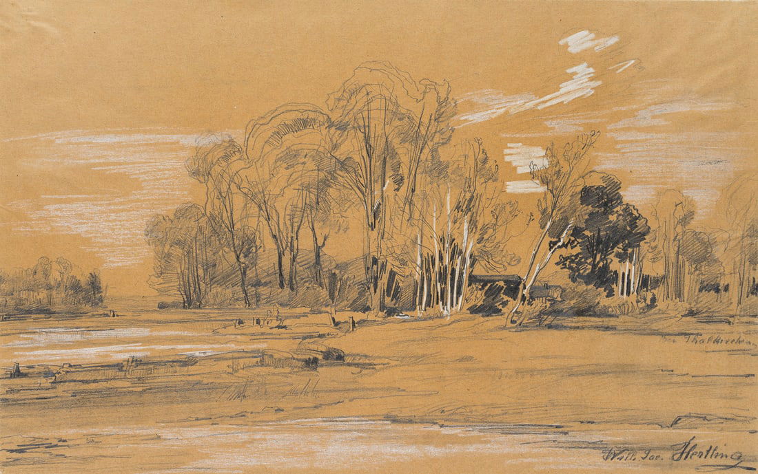 W. HERTLING (1849-1926), Alluvial forest of the Isar near Munich, Pencil: Wilhelm Jakob Hertling (1849 Katzenelnbogen - 1926 Munich): Alluvial forest of the Isar near Munich-Thalkirchen, 20th century, Pencil Technique: White heightened Pencil on Transparent paper, mounted o
