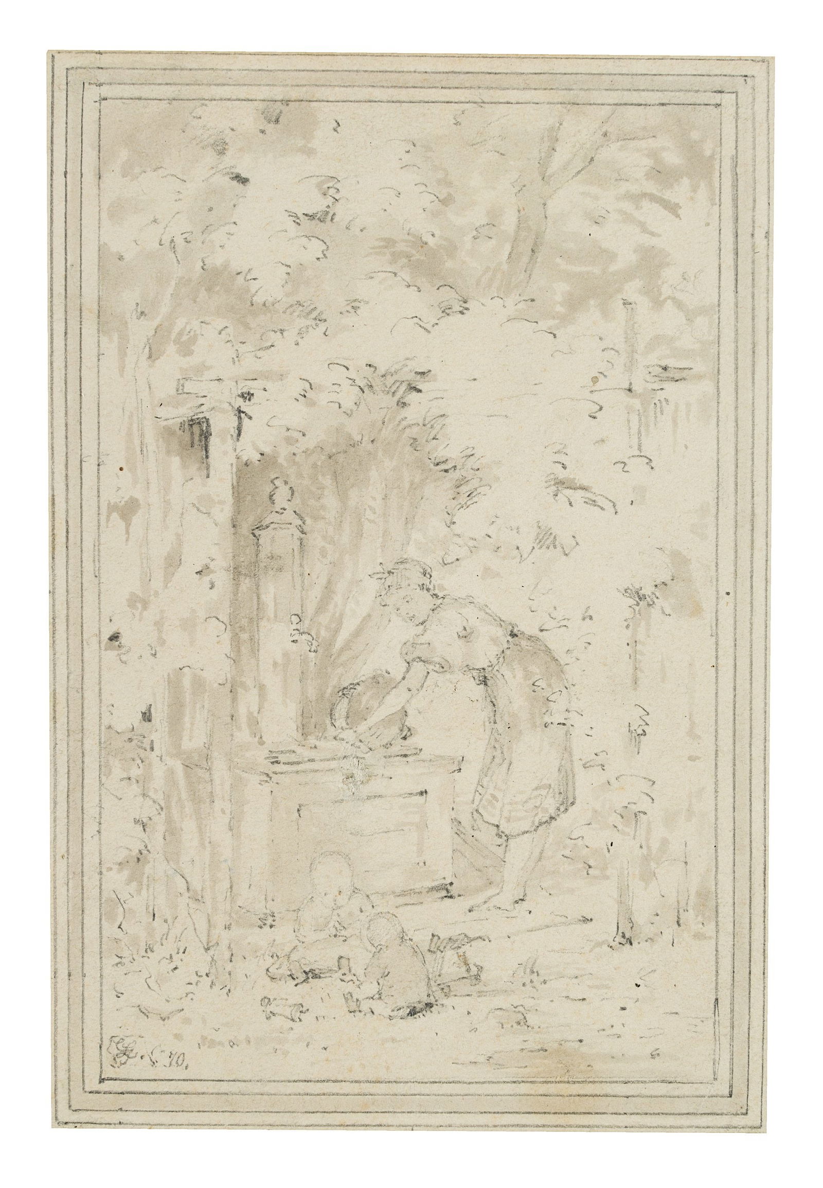 G. LAEVERENZ (*1851), Young woman with children at the well, 1870, Pen drawing: Gustav Laeverenz (1851 Hannover - 1906 Munich): Young woman with children at the fountain in park landscape, 1870, Pen drawing Technique: Washed Pen drawing on Paper Stamp: Verso Collector's stamp, Ge