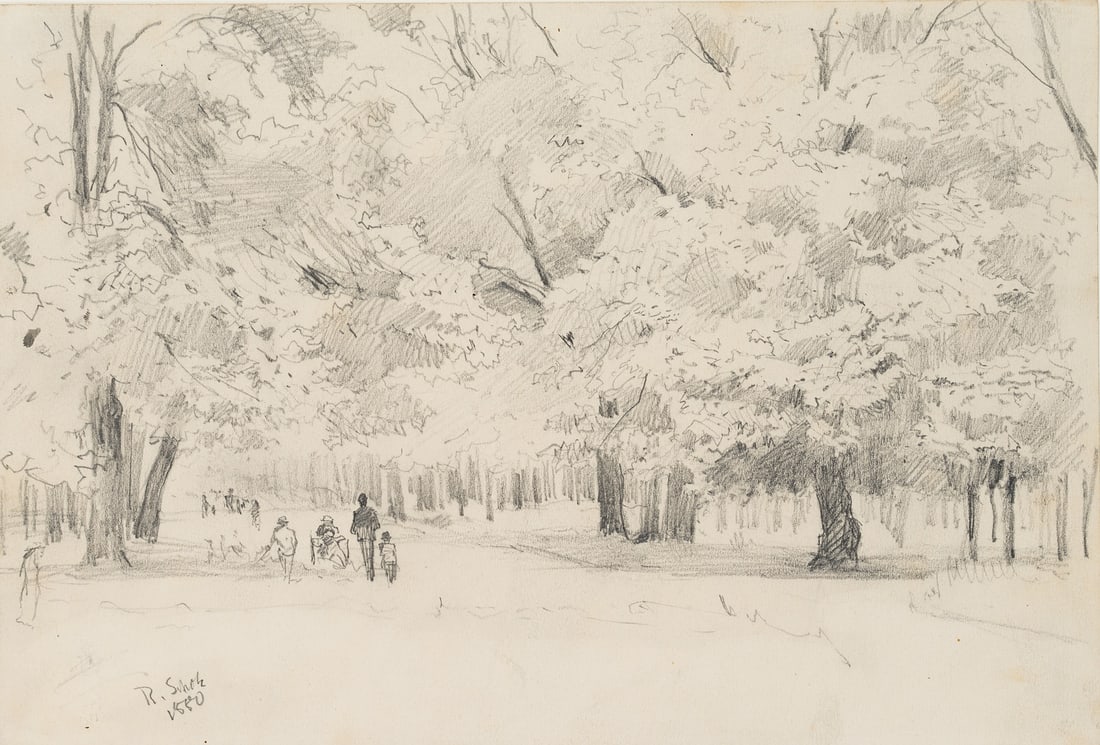 R. SCHOLZ (1860-1938), Strolling citizens, 1880, Pencil: Richard Scholz (1860 Hannover - around 1938 Munichunkn.): Strolling citizens on an avenue street, 1880, Pencil Technique: Pencil on Paper Stamp: Verso Collector's stamp, Georg und Dr. F. Wilhelm Denze
