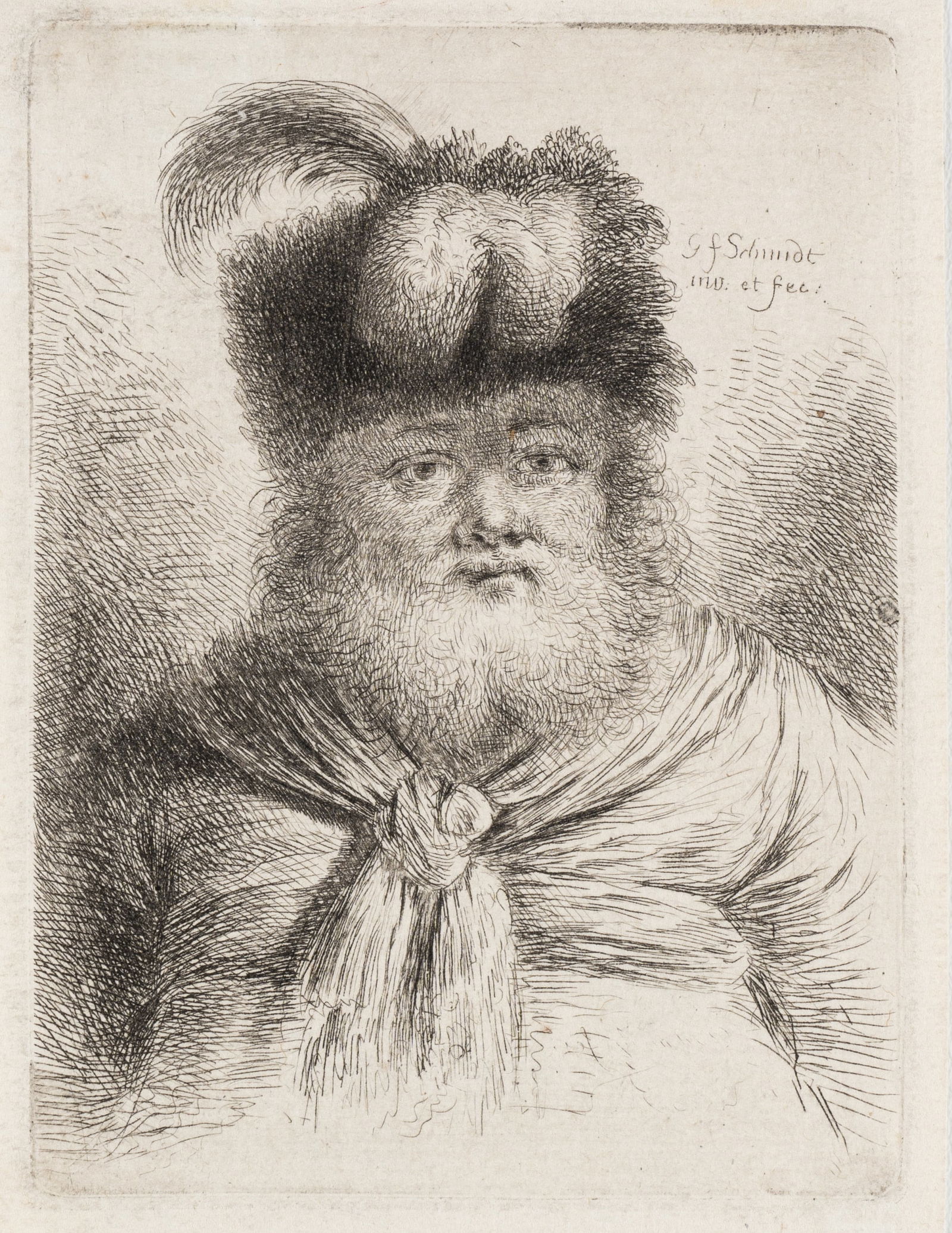 G. SCHMIDT (*1712) after REMBRANDT (*1606), Bearded man with fur hat, Etching: Georg Friedrich Schmidt (1712 Schönerlinde - 1775 Berlin) after Rembrandt: Rembrandt Harmenszoon van Rijn (1606 Leiden - 1669 Amsterdam): Portrait of a bearded man with fur hat and feather, 18th