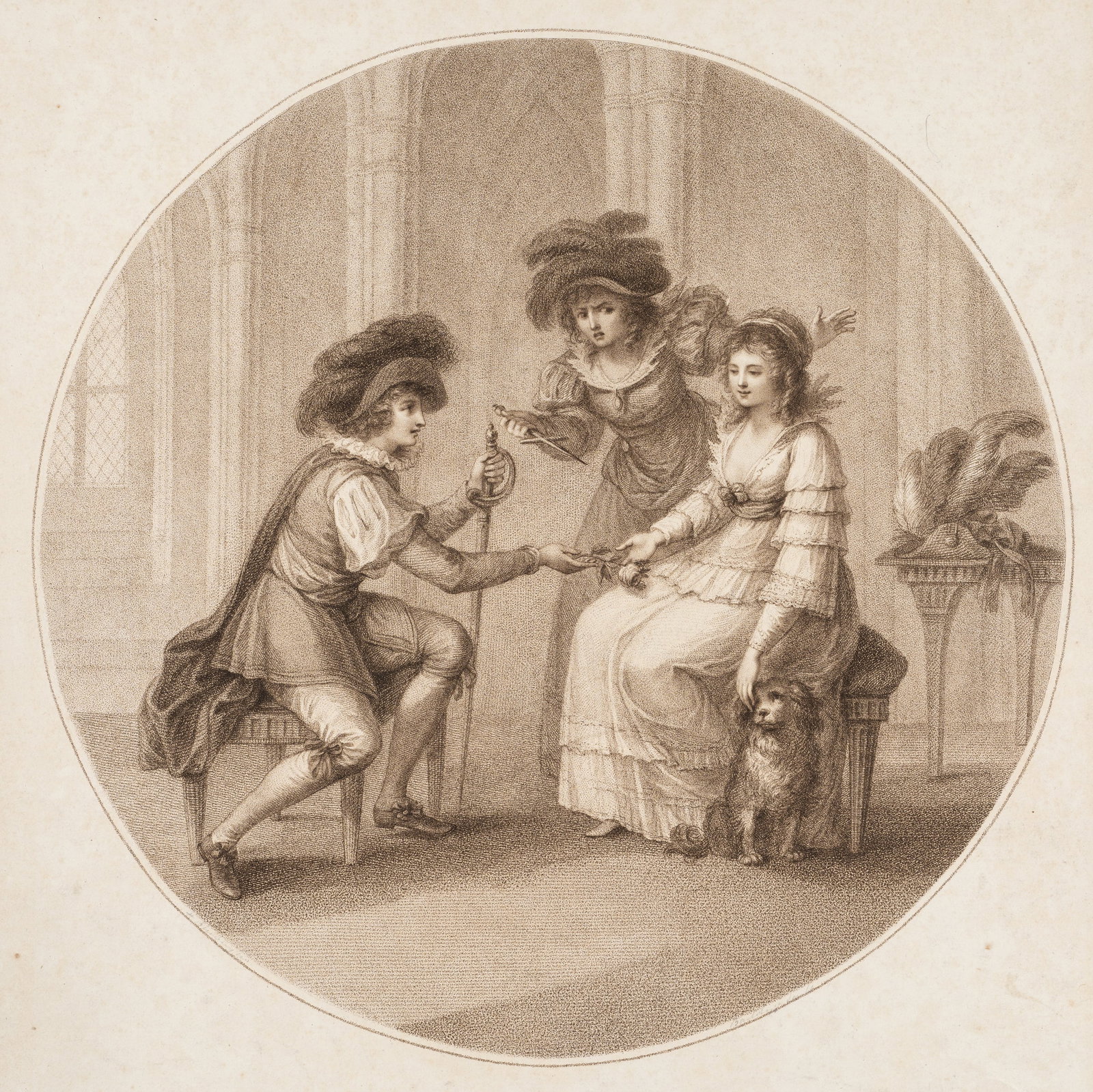 F. BARTOLOZZI (*1728) after BUNBURY (*1750), Lord Thomas and Fair Annett, 1784, Crayon manner: Francesco Bartolozzi (1728 Florence - 1815 Lissabon) after Henry William Bunbury (1750 - 1811 ): Lord Thomas and Fair Annett, scene from the English folk ballad, 1784, Crayon manner Technique: Crayon