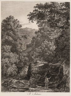 J. REINHART (1761-1847), Gorge near Subiaco, 1799, Etching: Johann Christian Reinhart (1761 Hof/Bavaria - 1847 Rom): Gorge near Subiaco with hunter and dog on the banks of the Aniene, 1799, Etching Technique: Etching on Paper Inscription: lower left signed in