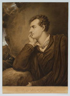 H. SCHNORR VON CAROLSFELD (*1764) after WESTALL (*1765), The Right Honorable Lord Byron, 1833, Brus: Hans Veit Schnorr von Carolsfeld (1764 Schneeberg (Saxony) - 1841 Leipzig) after Richard Westall (1765 Hertford - 1836 London): The Right Honorable Lord Byron, 1833, Brush drawing Technique: White hei