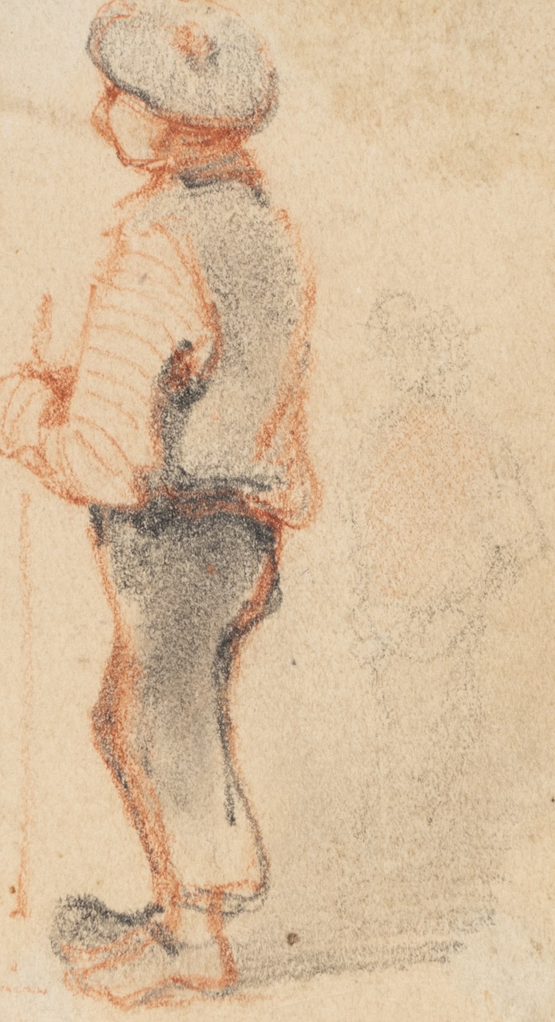 C. HOGUET (1821-1870), Boy in French costume, Red chalk drawing: Charles Hoguet (1821 Berlin - 1870 ibid.): Boy in French costume in back view, 19th century, Red chalk drawing Technique: Red chalk drawing and Colored pencil on Paper Date: 19th century Description: