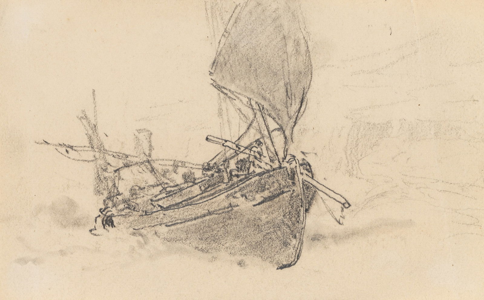 C. HOGUET (1821-1870), Fishing boat on the beach, Pencil: Charles Hoguet (1821 Berlin - 1870 ibid.): Fishing boat moored on the beach, 19th century, Pencil Technique: Pencil on Paper Date: 19th century Description: This work shows a detailed drawing of a