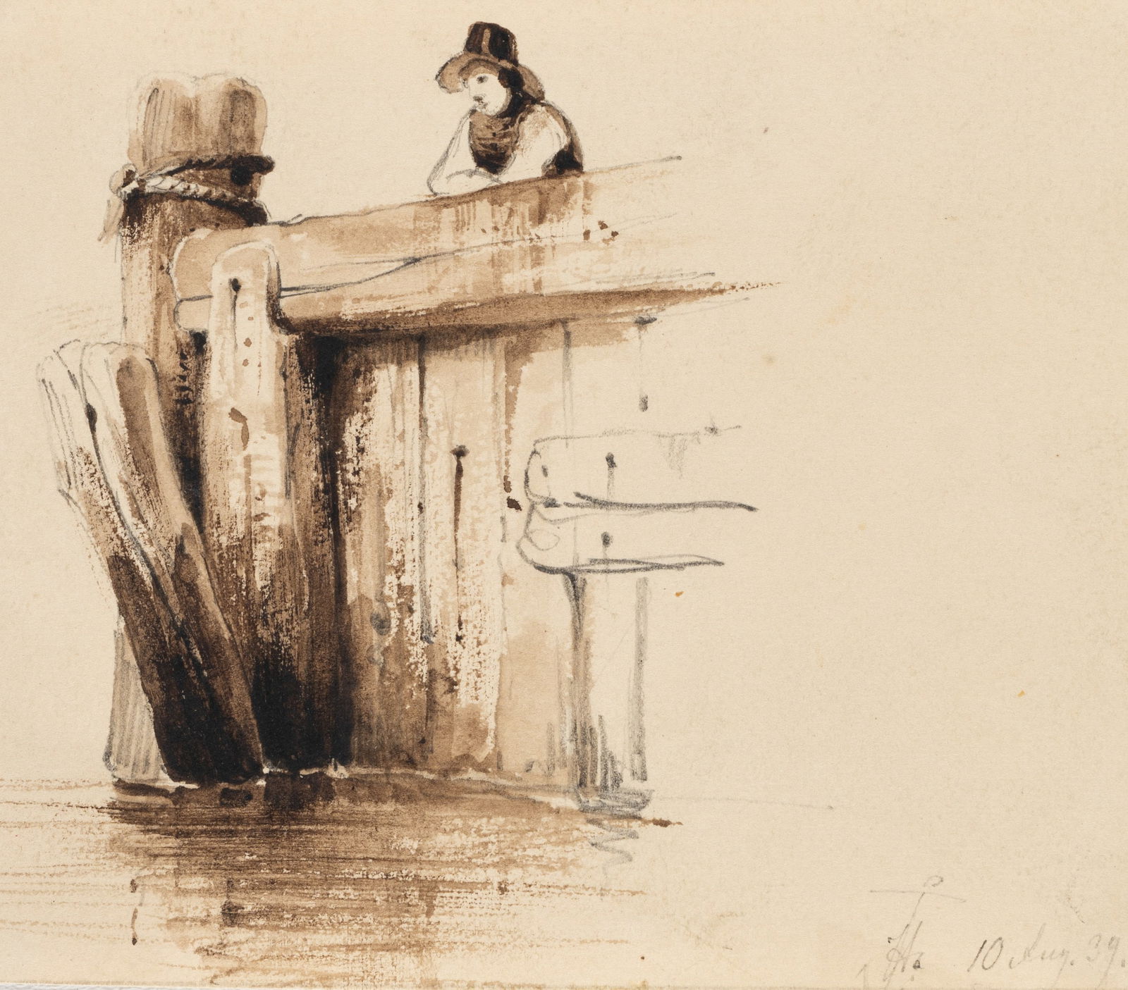 C. HOGUET (1821-1870), Man at the quay wall, 1839, Indian ink: Charles Hoguet (1821 Berlin - 1870 ibid.): Thoughtful man with hat at the Quay Wall, 1839, Indian ink Technique: Indian ink and Pencil on Paper Inscription: Lower right monogrammed: "H". Lower right d