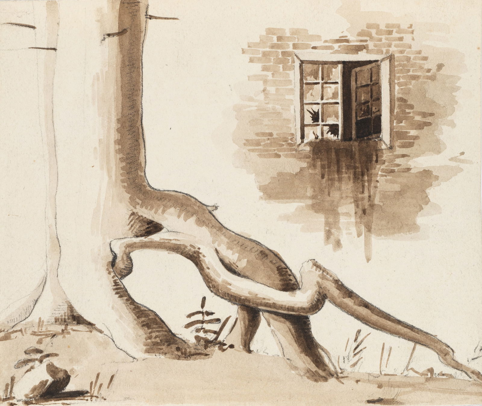 C. HOGUET (1821-1870), Nature piece with tree at the house, Brush drawing: Charles Hoguet (1821 Berlin - 1870 ibid.): Natural piece with tree with high roots at the old house, 19th century, Brush drawing Technique: Brush drawing and Pencil on Paper Date: 19th century Descri