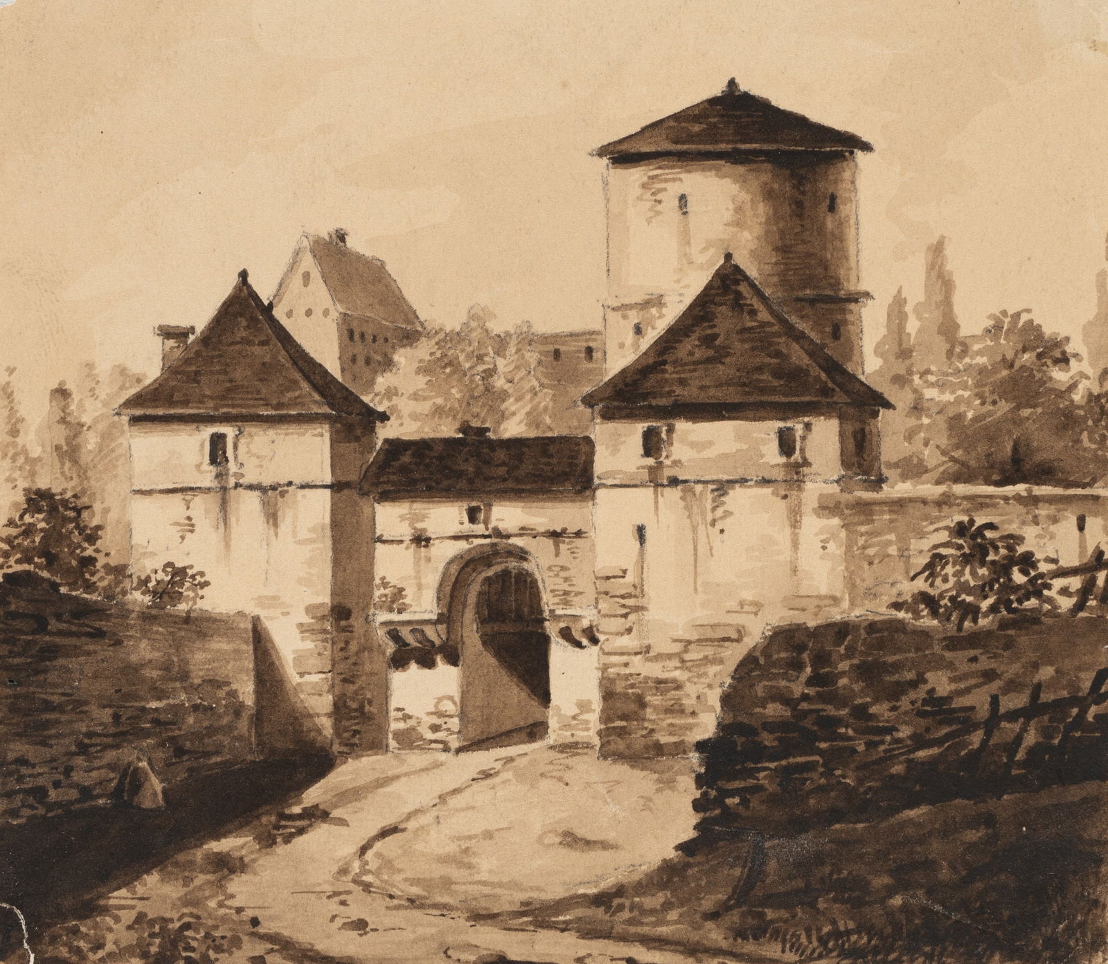 C. HOGUET (1821-1870), Fortified gate of a city wall, Indian ink: Charles Hoguet (1821 Berlin - 1870 ibid.): Gate of a city wall fortified with towers, 19th century, Indian ink Technique: Indian ink on Paper Date: 19th century Description: The artwork presents a