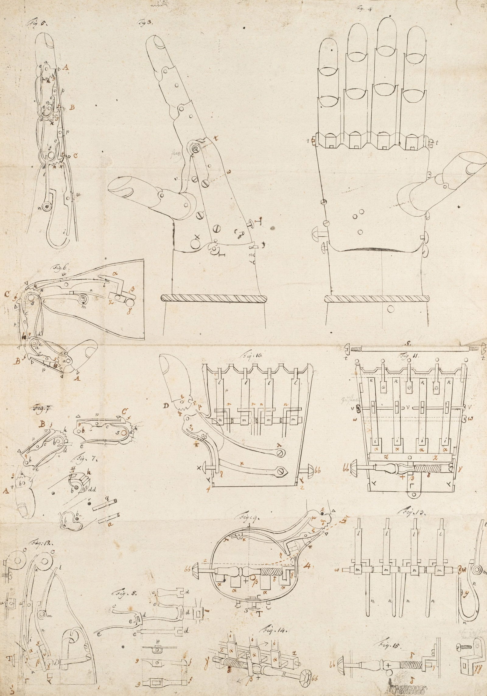 C. HOGUET (1821-1870), Technical drawing of a hand prosthesis, Pen drawing: Charles Hoguet (1821 Berlin - 1870 ibid.): Technical drawing of a hand prosthesis with details and connections, 19th century, Pen drawing Technique: Pen drawing and Pencil on Paper Date: 19th century