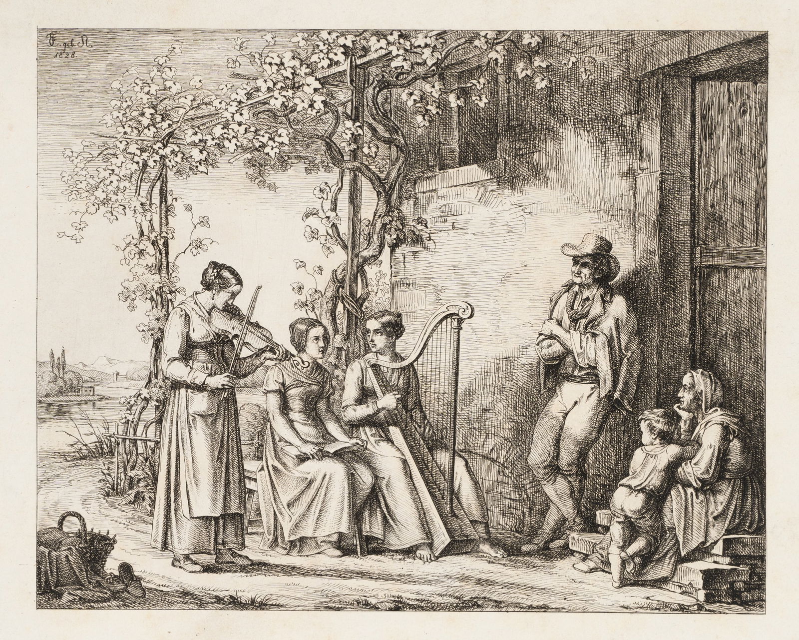 E. FREYBERG, GEB. STUNTZ (*1797), Travelling musicians, around 1828, Etching (1 of 5)