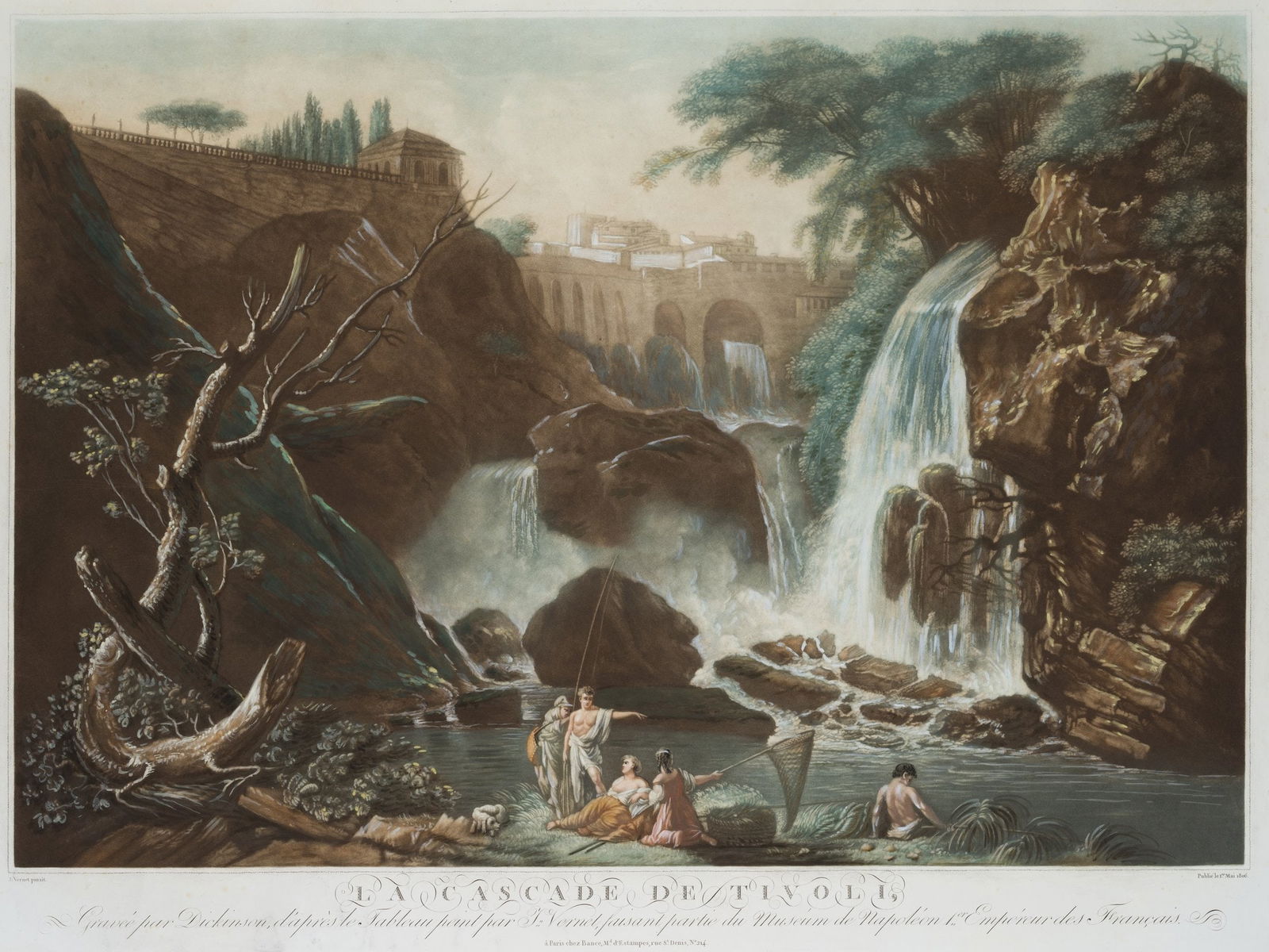 W. DICKINSON (*1746) after VERNET (*1714), The waterfalls of Tivoli, 1806, Mezzotint: William Dickinson (1746 London - 1823 Paris) after Claude Joseph Vernet (1714 Avignon - 1789 Paris): The waterfalls of Tivoli cascades in front of a city vista, 1806, Mezzotint Technique: Hand colored