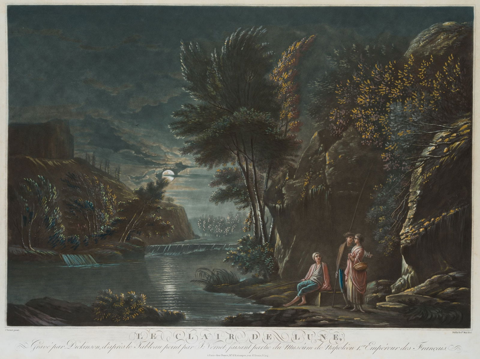 W. DICKINSON (*1746) after VERNET (*1714), Fisherman by moonlight, 1806, Mezzotint: William Dickinson (1746 London - 1823 Paris) after Claude Joseph Vernet (1714 Avignon - 1789 Paris): Fisherman by moonlight, 1806, Mezzotint Technique: Hand colored Mezzotint on Paper Inscription: At