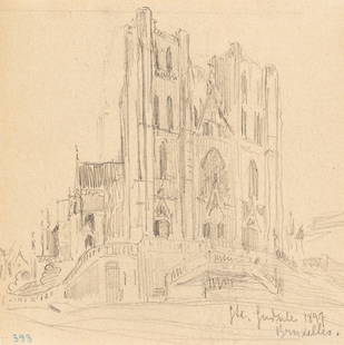 L. PRIMAVESI (*1871), Cathedral in Brussels, 1897, Pencil: Leo Primavesi (1871 Cologne - after 1937 ): Cathedral of St Michael and St Gudula in Brussels Forecourt with tower fa&#231;ade, 1897, Pencil Technique: Pencil on Paper Inscription: Lower right inscrib