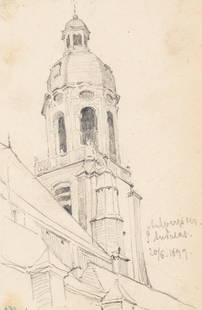 L. PRIMAVESI (*1871), St. Andreas in Antwerp, 1899, Pencil: Leo Primavesi (1871 Cologne - after 1937 ): St Andrew's in Antwerp Tower of the parish church, 1899, Pencil Technique: Pencil on Paper Inscription: Lower right inscribed by the artist's hand: "Antwerp