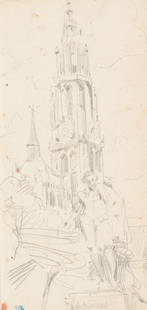 L. PRIMAVESI (*1871), Cathedral of Our Lady in Antwerp, around 1899, Pencil: Leo Primavesi (1871 Cologne - after 1937 ): Cathedral of Our Lady in Antwerp Tower of the church in Brabant Gothic style, c. 1899, Pencil Technique: Pencil on Paper Inscription: At the lower part insc