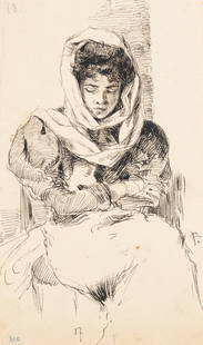 L. PRIMAVESI (*1871), Sitting Italian woman, around 1896, Pen drawing: Leo Primavesi (1871 Cologne - after 1937 ): Seated Italian woman with a scarf around her head or the artist's wife, c. 1896, Pen drawing Technique: Pen drawing on Paper Inscription: Middle right monog