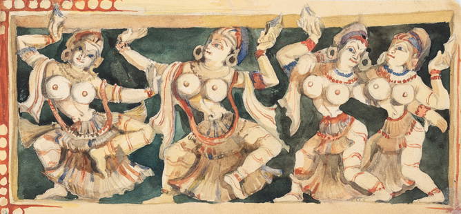 L. PRIMAVESI (*1871), Indian temple dancers, around 1890, Watercolor: Leo Primavesi (1871 Cologne - after 1937 ): Indian temple dancers After a relief, c. 1890, Watercolor Technique: Watercolor over Pencil on Paper Inscription: lower left numbered: "13". Date: c. 1