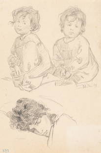 L. PRIMAVESI (*1871), Study sheet with children, 1898, Pencil: Leo Primavesi (1871 Cologne - after 1937 ): Study sheet with children and sleeping mother Family picture, 1898, Pencil Technique: Pencil on Paper Inscription: lower left numbered: "377". Middle right