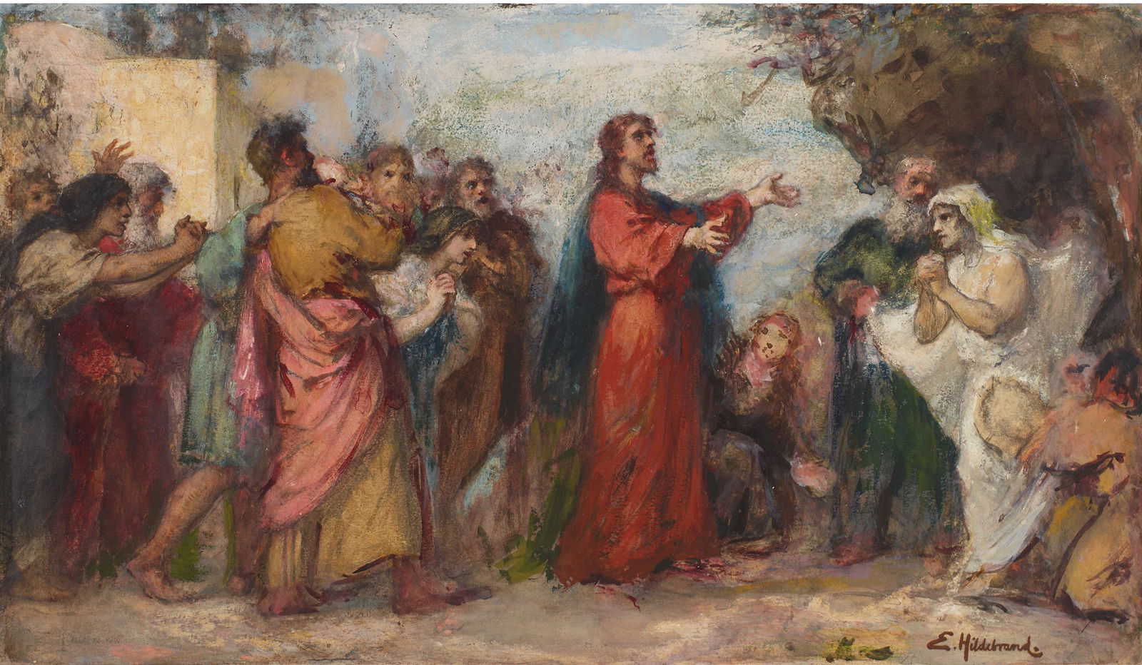 E. HILDEBRAND (*1833), Resurrection of Lazarus, around 1870, Gouache (1 of 5)