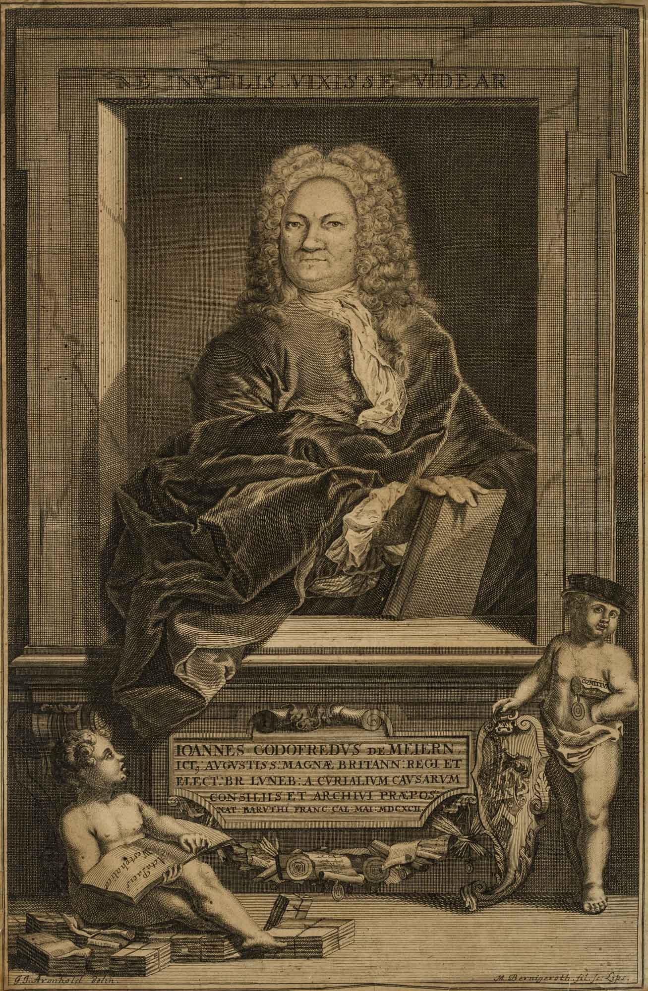 J. BERNIGEROTH (*1713), Johann Gottfried v. Meiern,: Johann Martin Bernigeroth (1713 Leipzig - 1767 ibid.): Johann Gottfried v. Meiern, , Copper engraving Technique: Copper engraving and Etching on Date: Description: Very fine hip portrait of Johann G